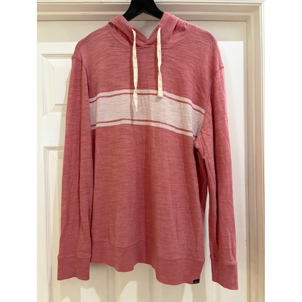 Faherty Men's Striped Pullover Hoodie L Pink White Knit Cotton Drawstring